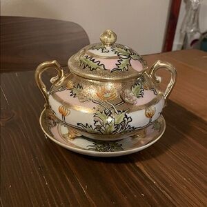 Antique Nippon Ornate  Hand Painted Sugar Bowl with saucer